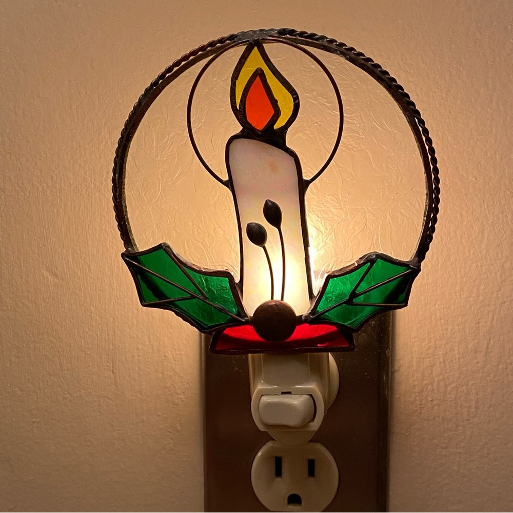 Vintage Stained Glass Holiday Candle Night Light Tiffany Style Plug-in Copper
